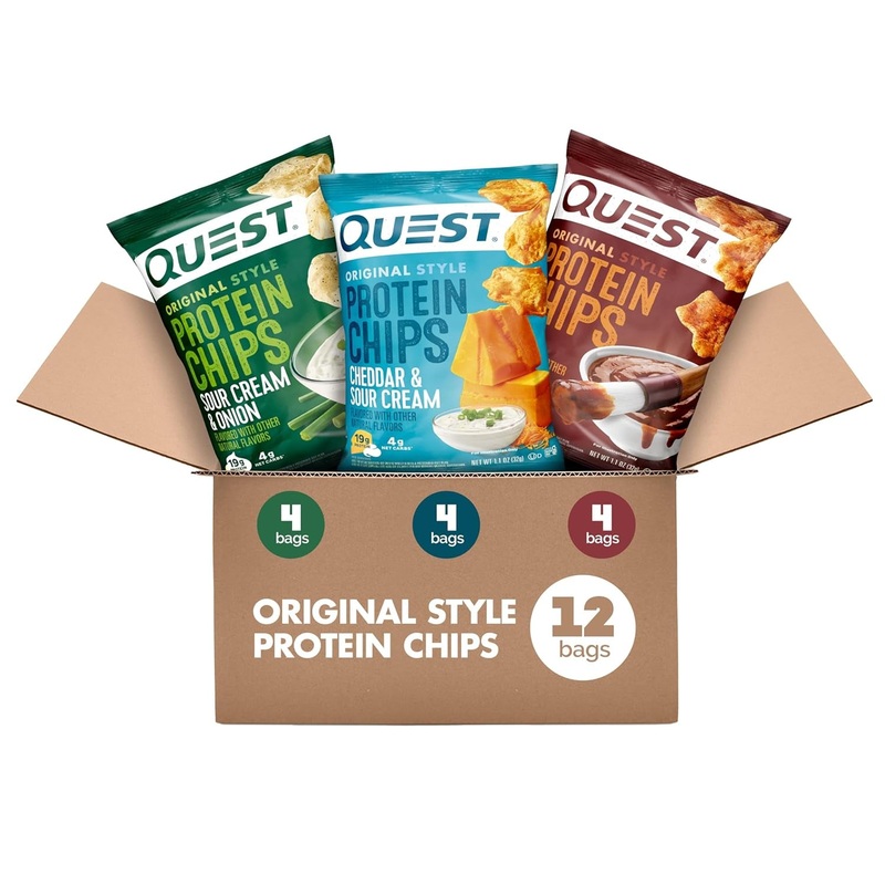Quest Nutrition Protein Chips Variety Pack, BBQ, Cheddar & Sour Cream, Sour Cream & Onion, High Protein, Low Carb, 1.1 Oz (Pack of 12)